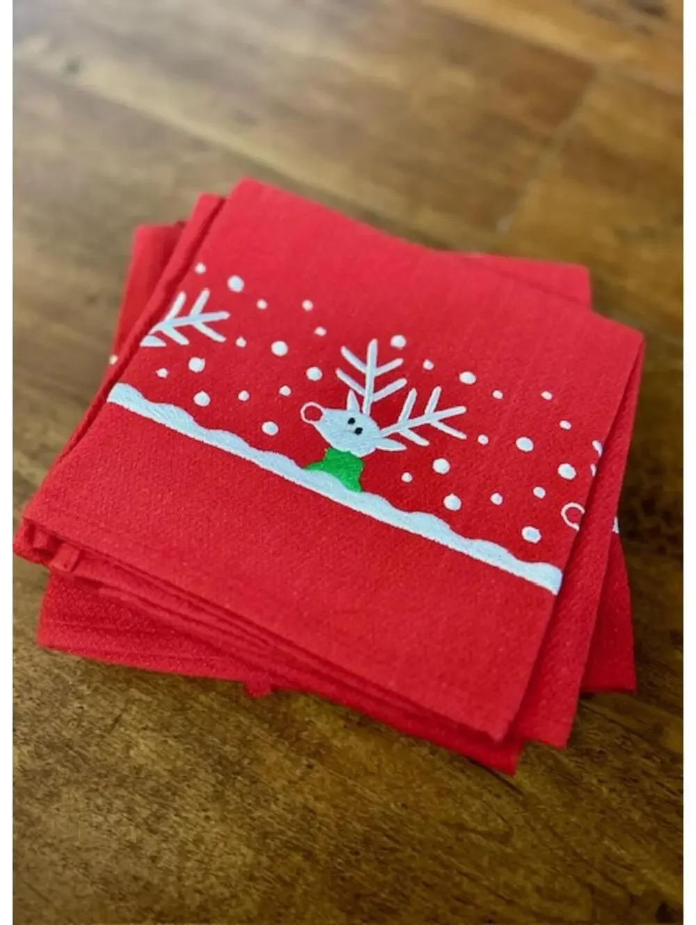 Red Christmas Reindeer Print Cotton Napkins - Set of 4